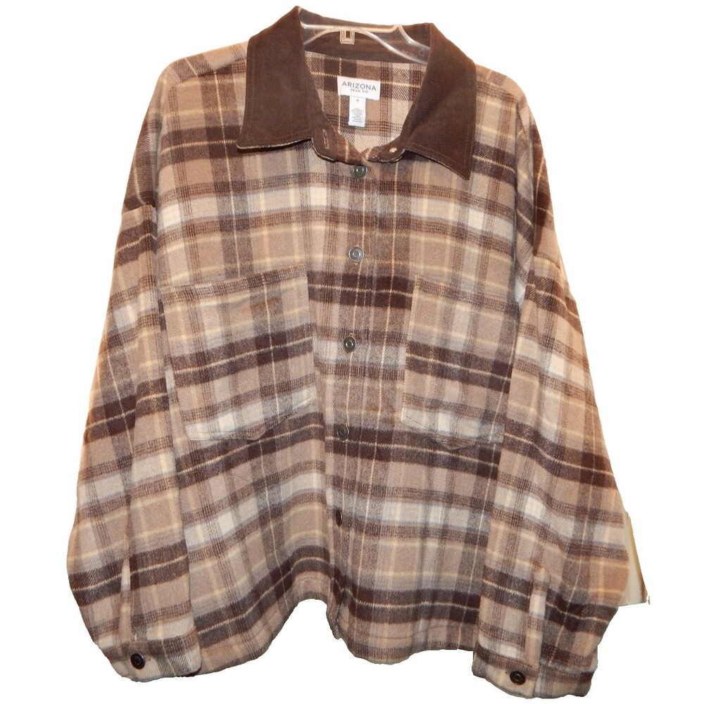 Arizona Womens Juniors XL Midweight Shirt Jacket Brown Plaid Corduroy Collar NWT